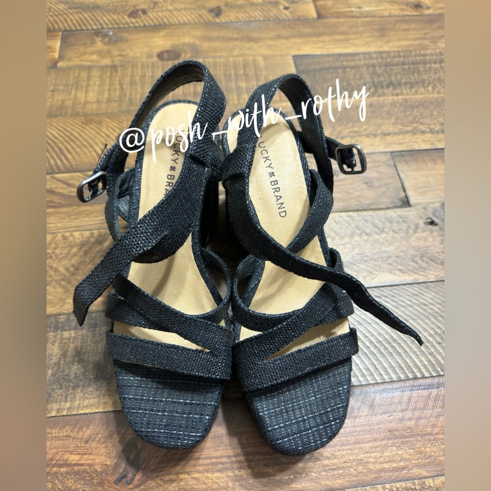 Lucky Brand Black Strappy Platform Wedge Sandal - Picture 2 of 8